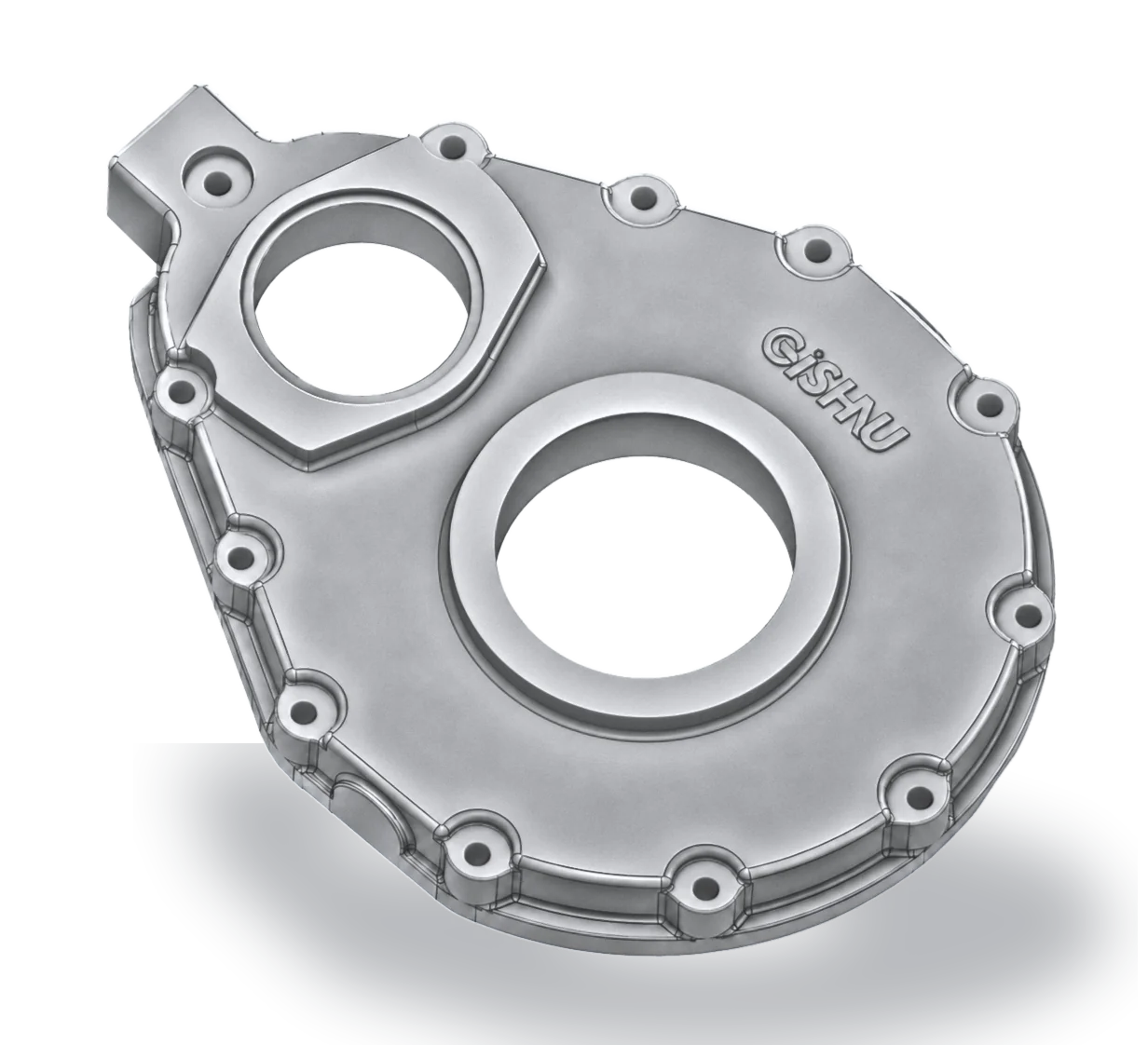 Teardrop-shaped gearbox housing cover casting for agricultural machinery, with the Gishnu name cast into the surface