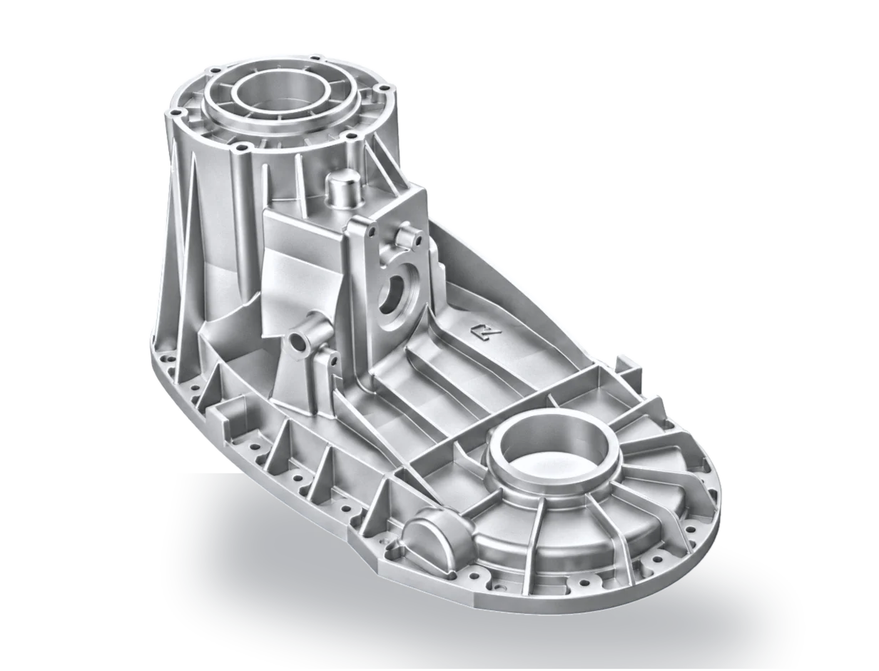 Tall aluminium gearbox housing with ribbed walls and multiple bores