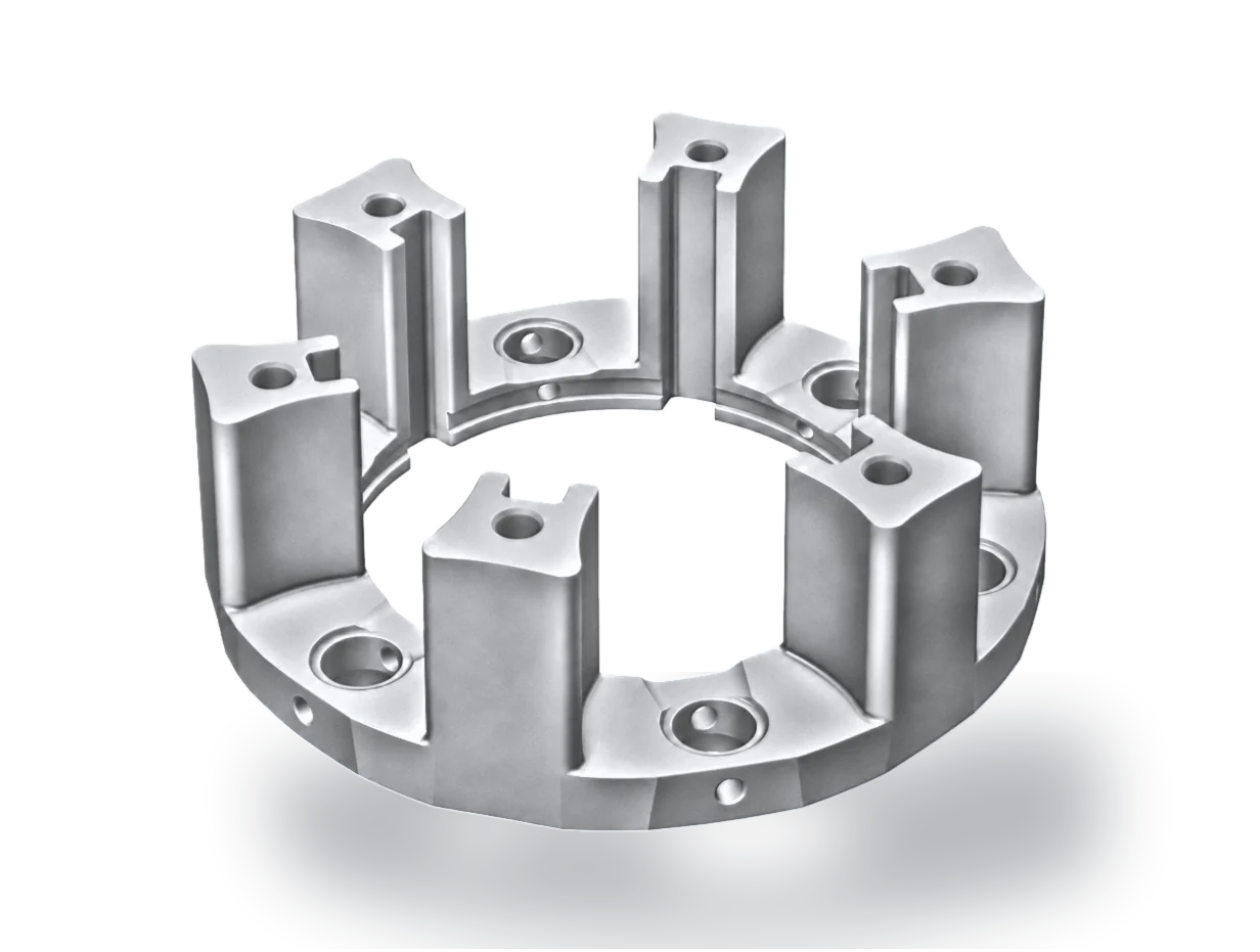 Ring-shaped casting with raised pockets and bolt holes for automotive assemblies