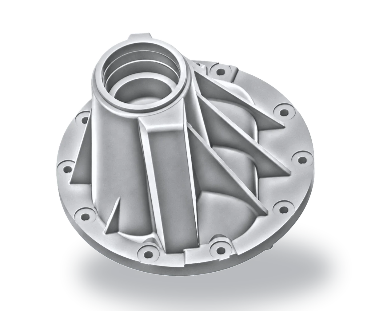 Round ribbed casting housing with a tall central bore and bolt-circle flange