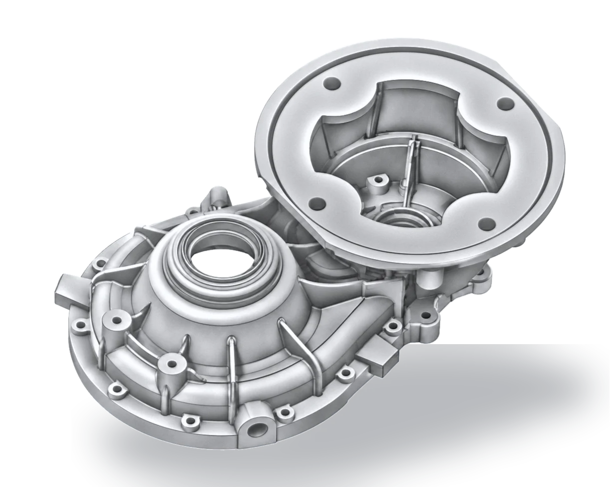 Two-part aluminium gearbox housing, shown open, for electric vehicles