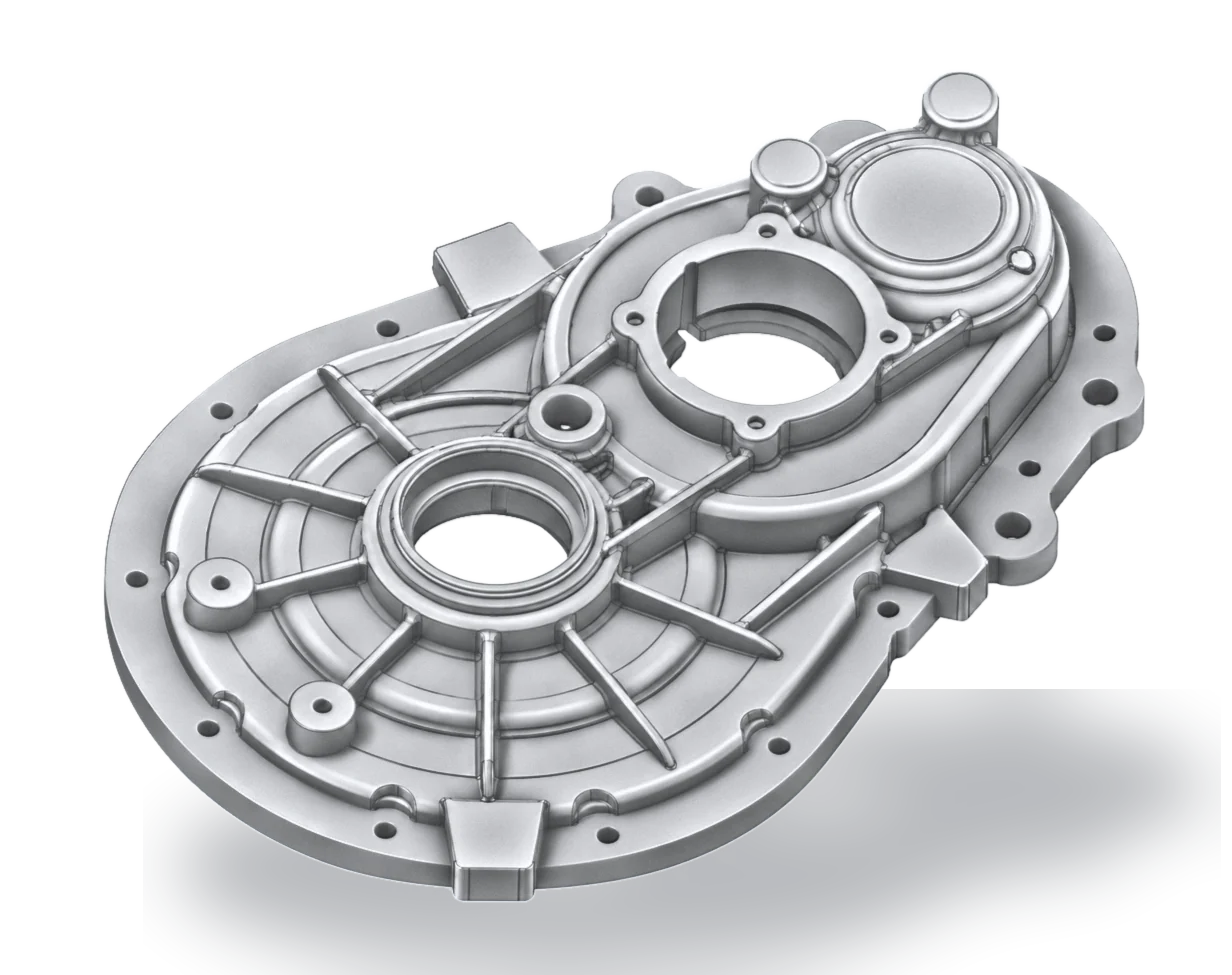 Complex aluminium gearbox housing with ribbed walls and several bores, for electric vehicles